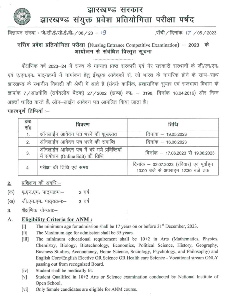 Jharkhand B.sc Nursing 2023 Notice