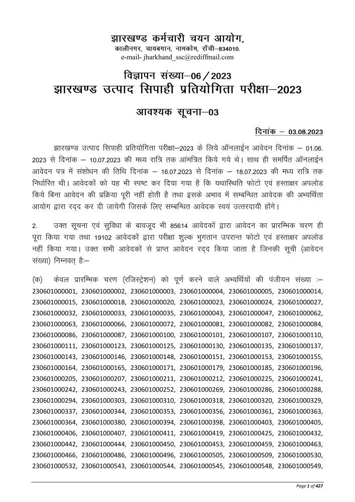 Jharkhand Utpad  Sipahi Rejection List Notice