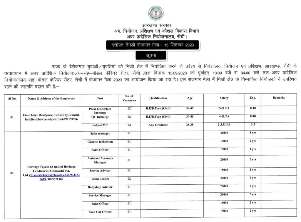 Ranchi Rojgar Bharti Camp 2023 Notice PDF